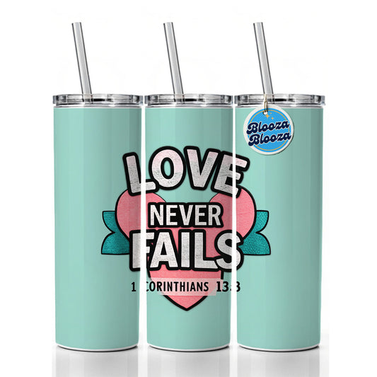 Love Never Fails Corinthians Bible Verse Skinny Tumbler 20oz with Straw Insulated Water Bottle Gift