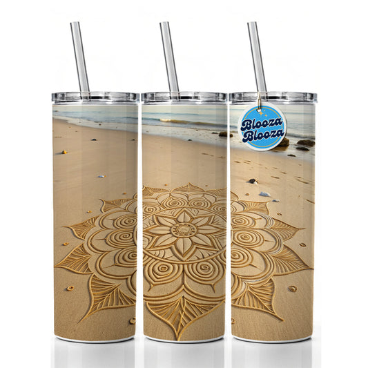 Mandala Pattern Drawn Into Beach Sand Skinny Tumbler 20oz with Straw Insulated Water Bottle Gift