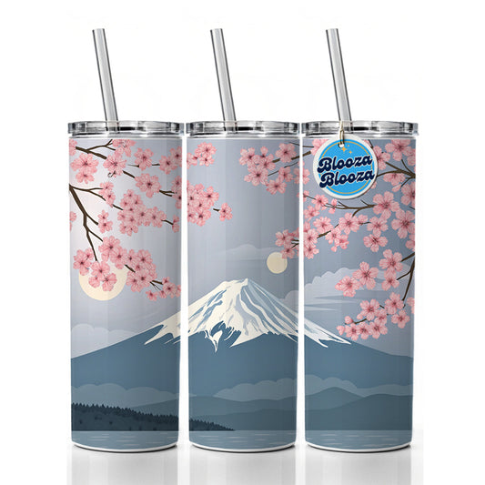 Mount Fuji Japan Drawing Cherry Blossoms Beautiful Skinny Tumbler 20oz with Straw Insulated Water Bottle Gift
