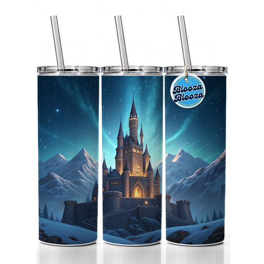 Mountaintop Castle Lights At Night Skinny Tumbler 20oz with Straw Insulated Water Bottle Gift