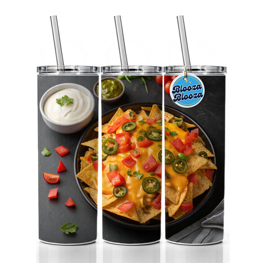 Nachos Chips Salsa Cheese Mexican Skinny Tumbler 20oz with Straw Insulated Water Bottle Gift