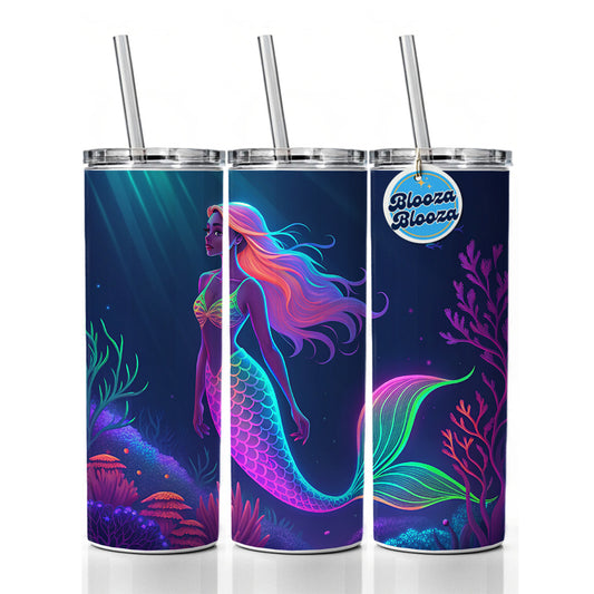 Neon Mermaid Ocean Skinny Tumbler 20oz with Straw Insulated Water Bottle Gift