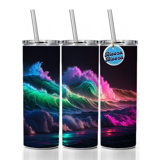 Neon Ocean Waves Beach Skinny Tumbler 20oz with Straw Insulated Water Bottle Gift
