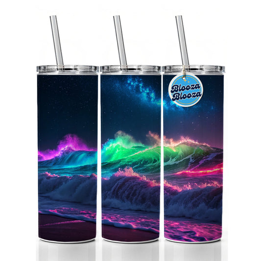 Neon Ocean Waves Night Skinny Tumbler 20oz with Straw Insulated Water Bottle Gift