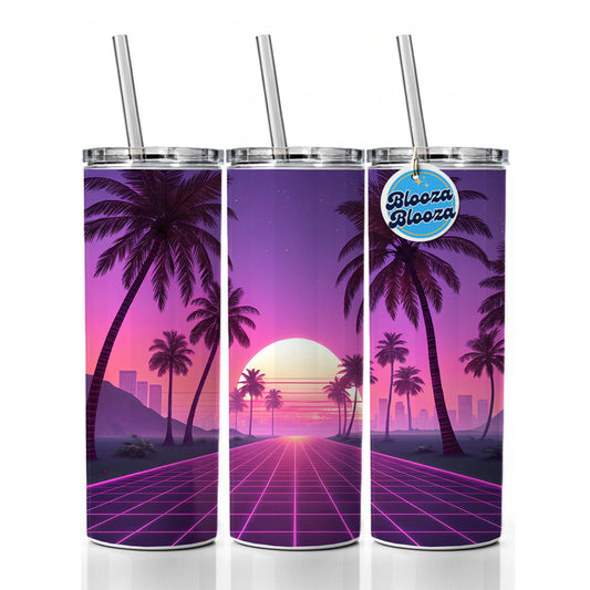 Neon Pinks Purples Palm Trees Sun Setting Skinny Tumbler 20oz with Straw Insulated Water Bottle Gift