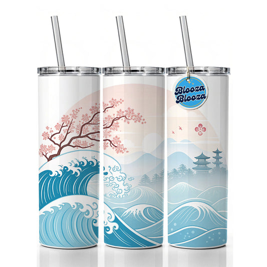 Ocean Waves Japanese Style Cherry Blossoms Skinny Tumbler 20oz with Straw Insulated Water Bottle Gift