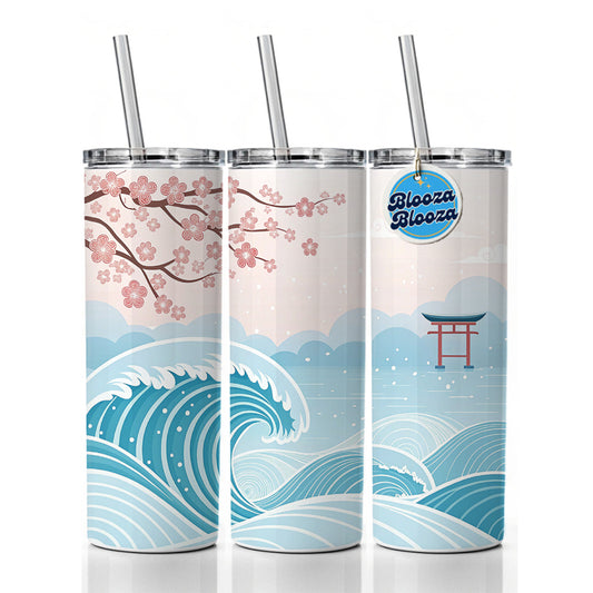 Ocean Waves Japanese Style Drawing Cherry Blossoms Skinny Tumbler 20oz with Straw Insulated Water Bottle Gift