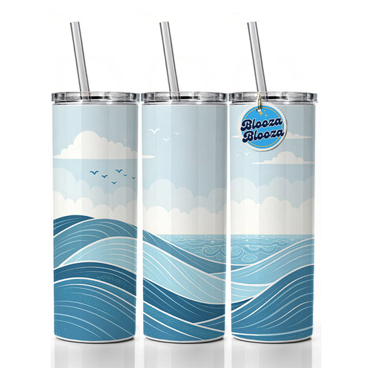 Ocean Waves Sketch Skinny Tumbler 20oz with Straw Insulated Water Bottle Gift