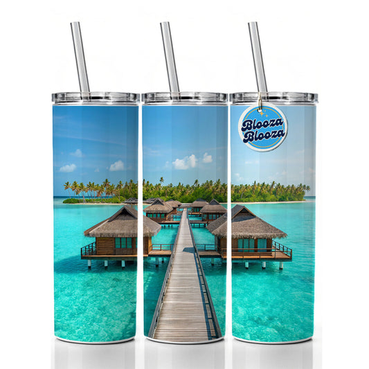 Over Water Bungalows Stunning Tropical Island Skinny Tumbler 20oz with Straw Insulated Water Bottle Gift