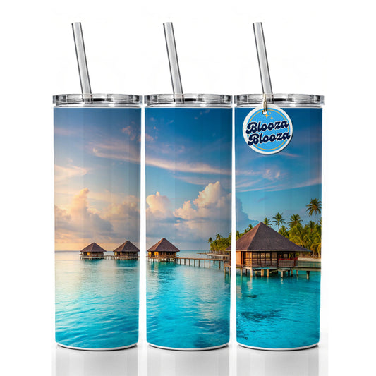 Over Water Bungalows Tropical Paradise Skinny Tumbler 20oz with Straw Insulated Water Bottle Gift