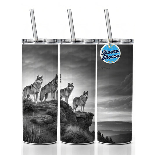 Pack Of Wolves On A Cliff Black White Skinny Tumbler 20oz with Straw Insulated Water Bottle Gift