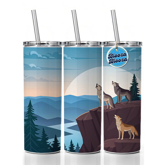 Pack Of Wolves On Cliff Drawing Skinny Tumbler 20oz with Straw Insulated Water Bottle Gift