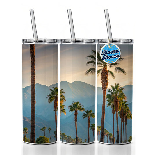Palm Trees Mountains In Background Skinny Tumbler 20oz with Straw Insulated Water Bottle Gift
