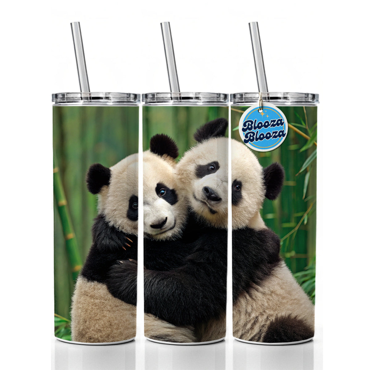 Pandas Hugging Love Skinny Tumbler 20oz with Straw Insulated Water Bottle Gift