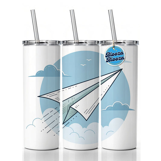 Paper Airplane Illustration Flying Sky Skinny Tumbler 20oz with Straw Insulated Water Bottle Gift