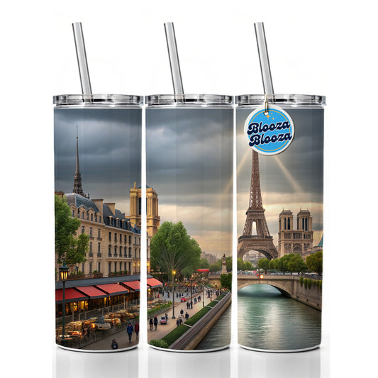 Paris France Cloudy Eiffel Tower Skinny Tumbler 20oz with Straw Insulated Water Bottle Gift