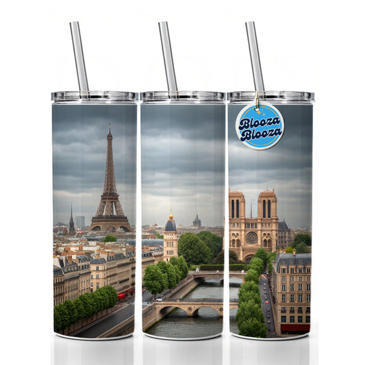 Paris France Travel Eiffel Tower Notre-Dame City Skinny Tumbler 20oz with Straw Insulated Water Bottle Gift