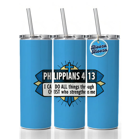 Philippians I Can Do All Things Through Christ Bible Verse Skinny Tumbler 20oz with Straw Insulated Water Bottle Gift