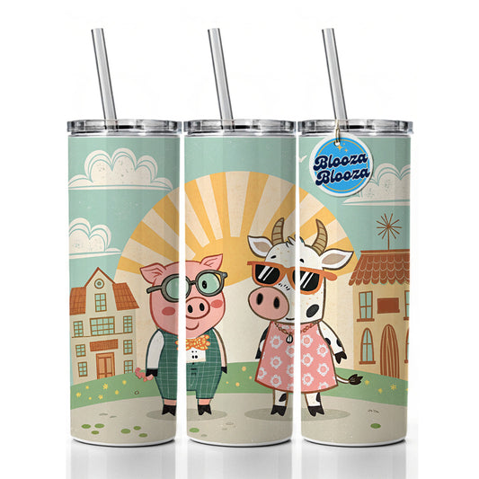 Pig And Cow Wearing Glasses Sunglasses Skinny Tumbler 20oz with Straw Insulated Water Bottle Gift