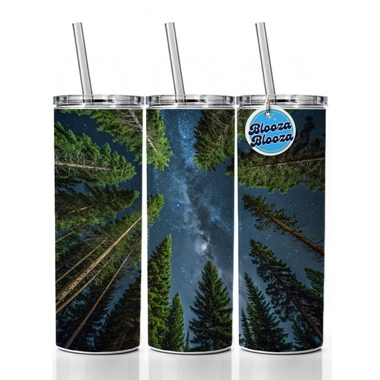 Pine Trees Looking Up Star Packed Sky Skinny Tumbler 20oz with Straw Insulated Water Bottle Gift