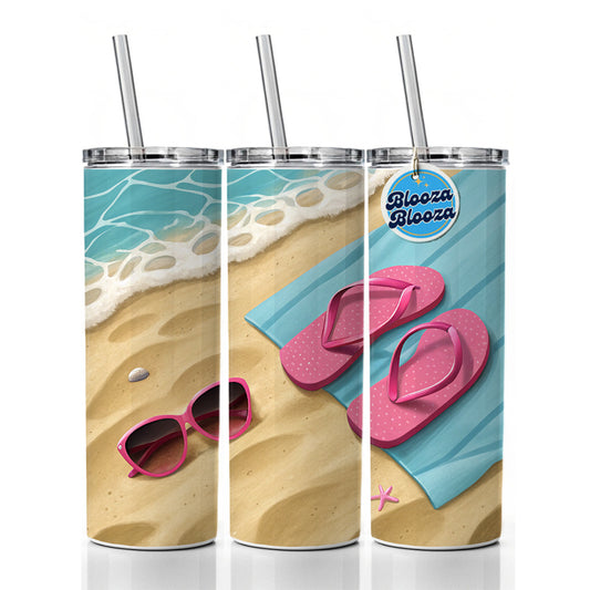 Pink Sunglasses Flip Flops Towel On Sand Beach Skinny Tumbler 20oz with Straw Insulated Water Bottle Gift