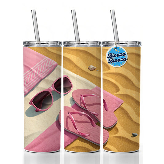 Pink Sunglasses Flip Flops Towel On Sand Cute Skinny Tumbler 20oz with Straw Insulated Water Bottle Gift