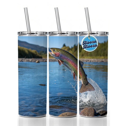 Rainbow Trout Fish Jumping Fishing Skinny Tumbler 20oz with Straw Insulated Water Bottle Gift