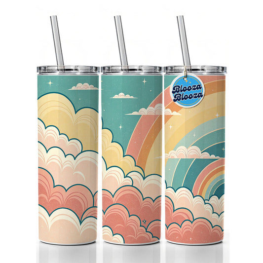 Repeating Puffy Clouds Retro Cute Rainbow Skinny Tumbler 20oz with Straw Insulated Water Bottle Gift