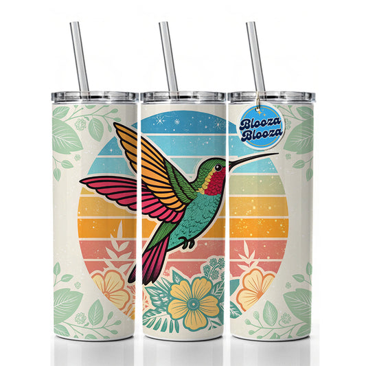 Retro Hummingbird Colorful Skinny Tumbler 20oz with Straw Insulated Water Bottle Gift