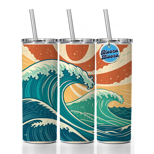 Retro Ocean Waves Colorful Drawing Skinny Tumbler 20oz with Straw Insulated Water Bottle Gift