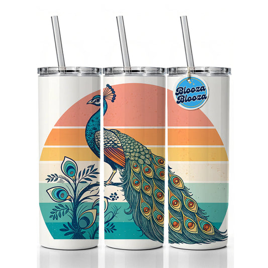 Retro Peacock Sun Skinny Tumbler 20oz with Straw Insulated Water Bottle Gift