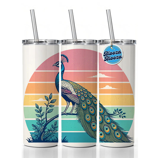 Retro Peacock Skinny Tumbler 20oz with Straw Insulated Water Bottle Gift