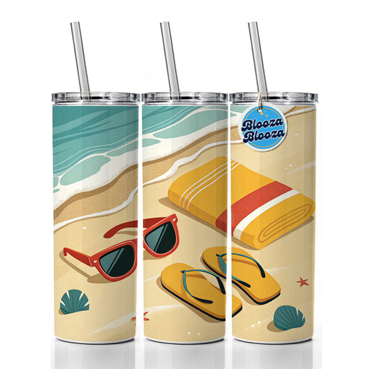 Retro Style Sunglasses Flip Flops Towel On Sandy Beach Skinny Tumbler 20oz with Straw Insulated Water Bottle Gift