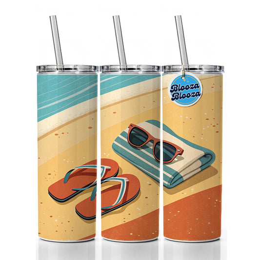 Retro Sunglasses Flip Flops Towel On Sand Beach Ocean Skinny Tumbler 20oz with Straw Insulated Water Bottle Gift