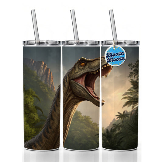 Roaring Brachiosaurus Dinosaur Forest Skinny Tumbler 20oz with Straw Insulated Water Bottle Gift