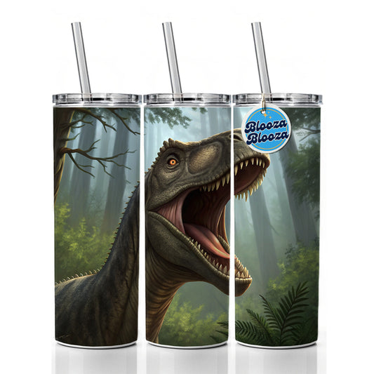 Roaring Brontosaurus Dinosaur Forest Skinny Tumbler 20oz with Straw Insulated Water Bottle Gift