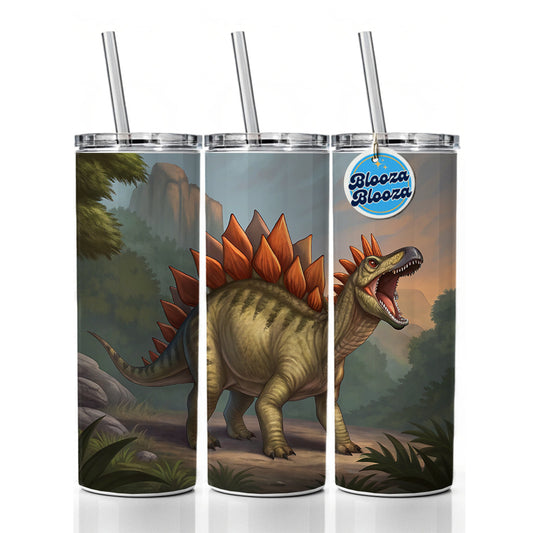 Roaring Stegosaurus Dinosaur Mountain Skinny Tumbler 20oz with Straw Insulated Water Bottle Gift