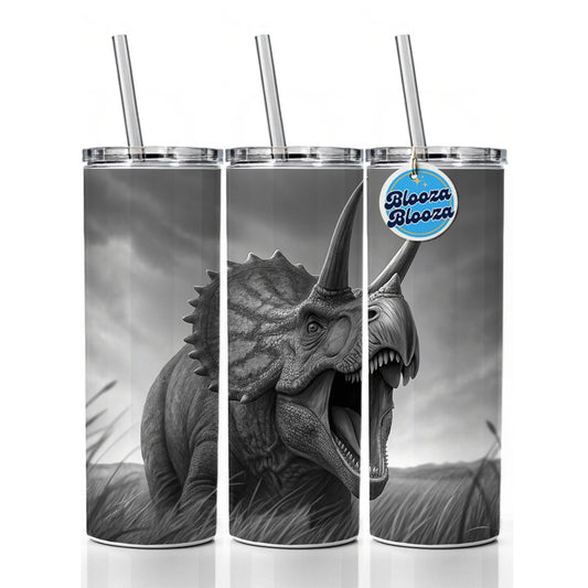 Roaring Triceratops Dinosaur Gray Skinny Tumbler 20oz with Straw Insulated Water Bottle Gift