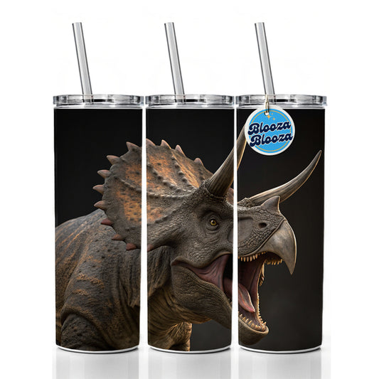 Roaring Triceratops Dinosaur Realistic Skinny Tumbler 20oz with Straw Insulated Water Bottle Gift