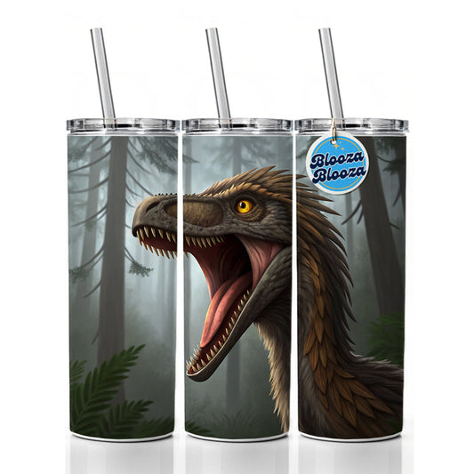 Roaring Troodon Dinosaur Forest Skinny Tumbler 20oz with Straw Insulated Water Bottle Gift