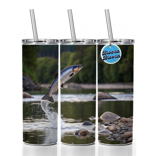 Salmon Fish Jumping Fishing Skinny Tumbler 20oz with Straw Insulated Water Bottle Gift