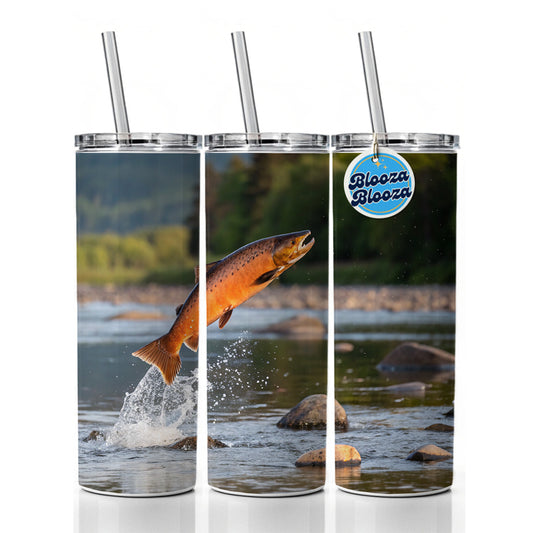 Salmon Fish Jumping River Fishing Skinny Tumbler 20oz with Straw Insulated Water Bottle Gift