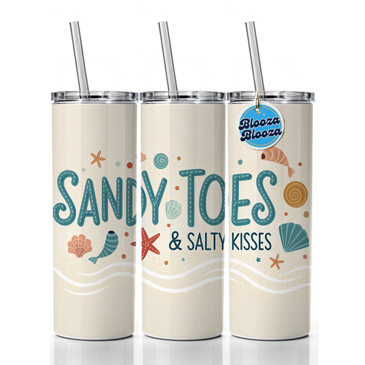 Sandy Toes Salty Kisses Ocean Beach Shells Skinny Tumbler 20oz with Straw Insulated Water Bottle Gift
