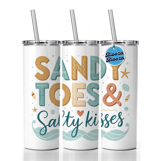 Sandy Toes Salty Kisses Ocean Beach Skinny Tumbler 20oz with Straw Insulated Water Bottle Gift