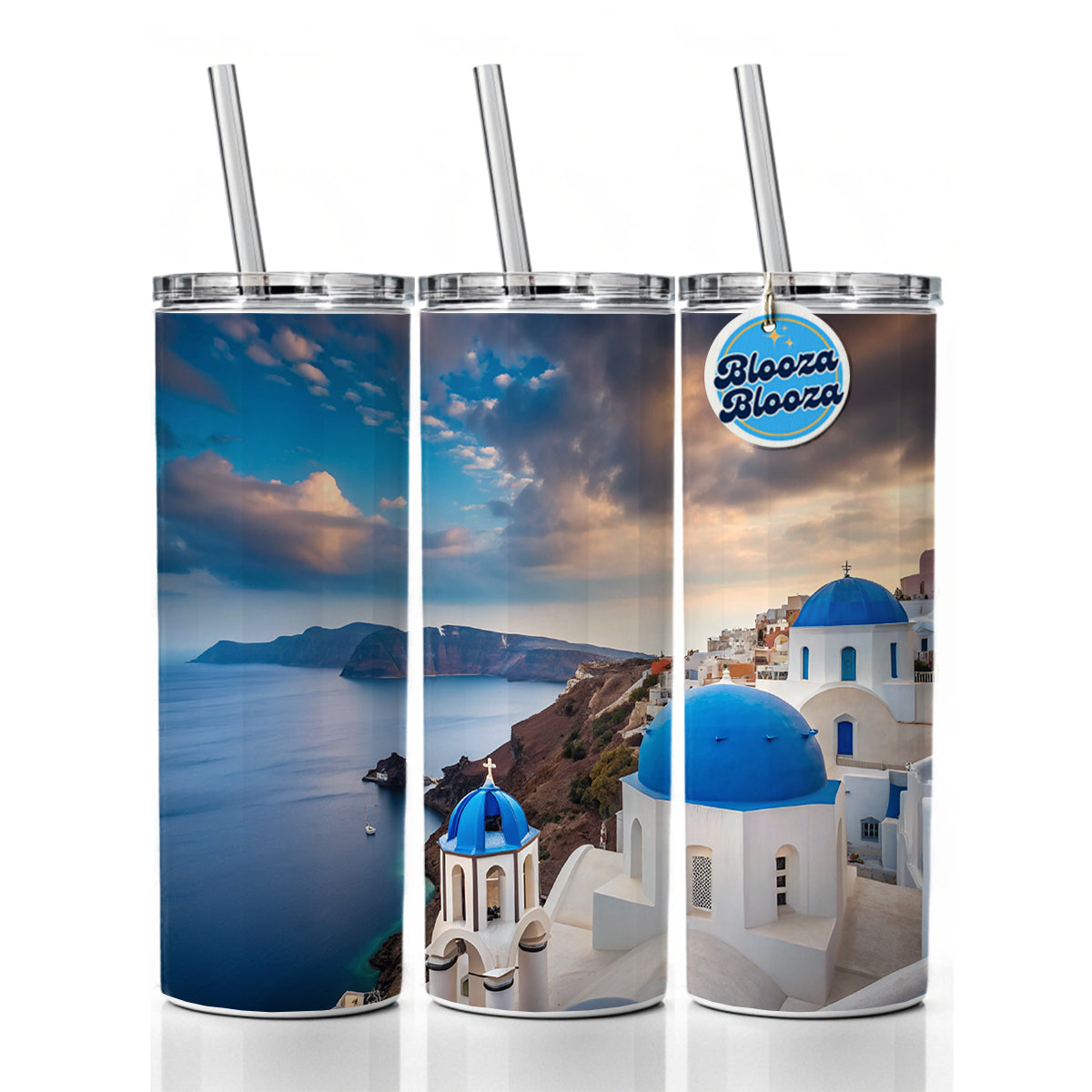Santorini Greece Travel Beautiful Skinny Tumbler 20oz with Straw Insulated Water Bottle Gift