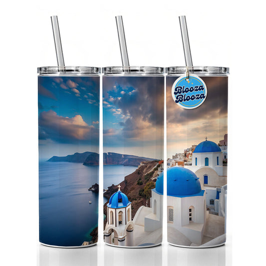 Santorini Greece Travel Beautiful Skinny Tumbler 20oz with Straw Insulated Water Bottle Gift