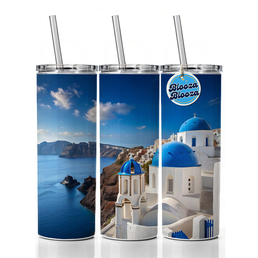 Santorini Greece Travel Stunning Skinny Tumbler 20oz with Straw Insulated Water Bottle Gift