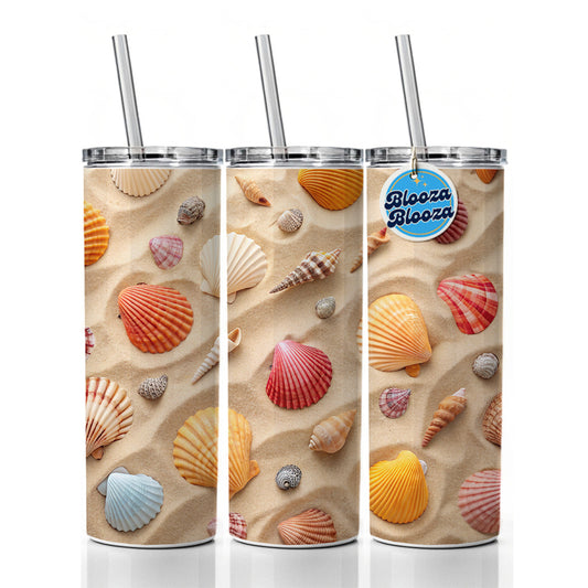 Seashell Collage On Sandy Background Beach Skinny Tumbler 20oz with Straw Insulated Water Bottle Gift