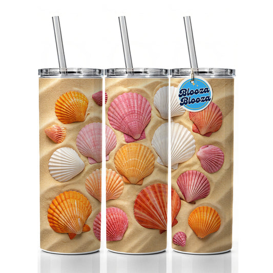Seashells On Sandy Beach Background Skinny Tumbler 20oz with Straw Insulated Water Bottle Gift