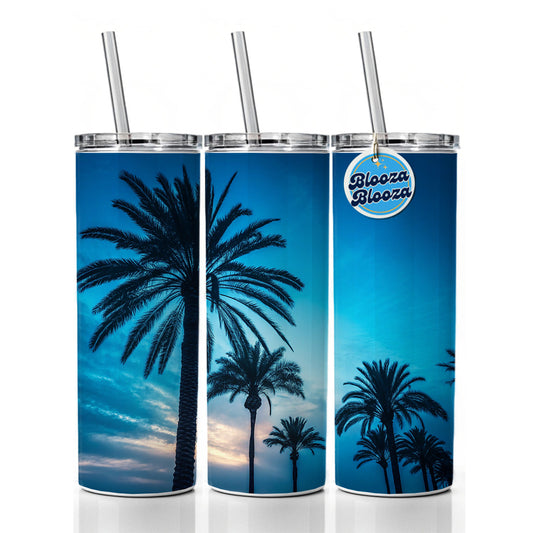 Silhouetted Palm Trees Blue Sky Skinny Tumbler 20oz with Straw Insulated Water Bottle Gift